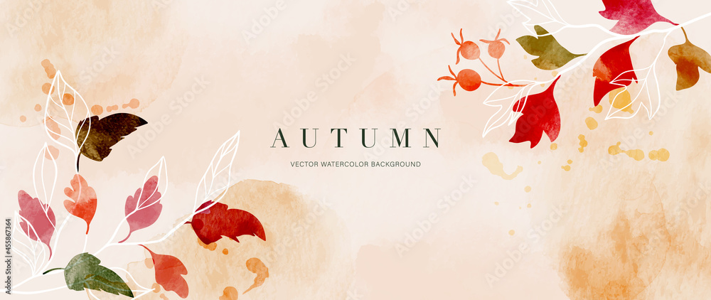 Autumn background design  with watercolor brush texture, Flower and botanical leaves watercolor hand drawing. Abstract art wallpaper design for wall arts, wedding and VIP invite card.  Vector EPS10 - obrazy, fototapety, plakaty 