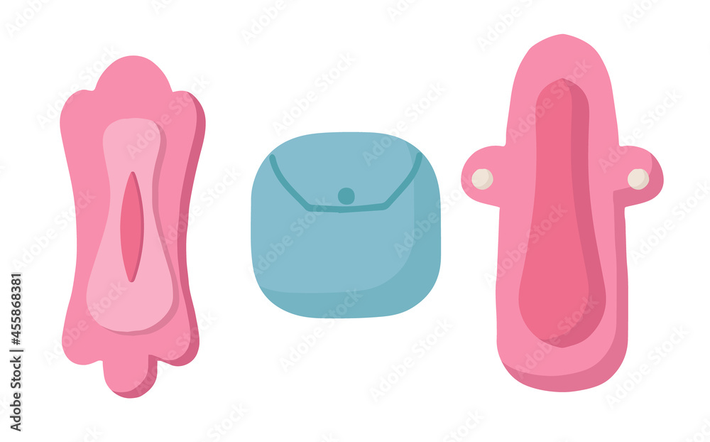 Hygiene products on monthly days for a girl. Reusable gaskets. The concept of monthly menstruation. Vector illustration in a modern flat style of the menstrual cycle.