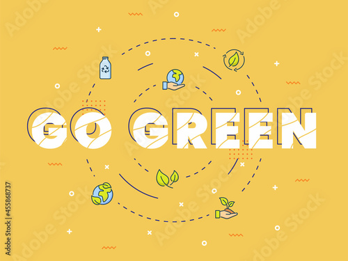 go green lettering around set icons package orange isolated background with modern flat color cartoon style