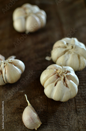 Bunch of fresh garlic on the wooden table