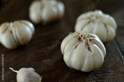Bunch of fresh garlic on the wooden table
