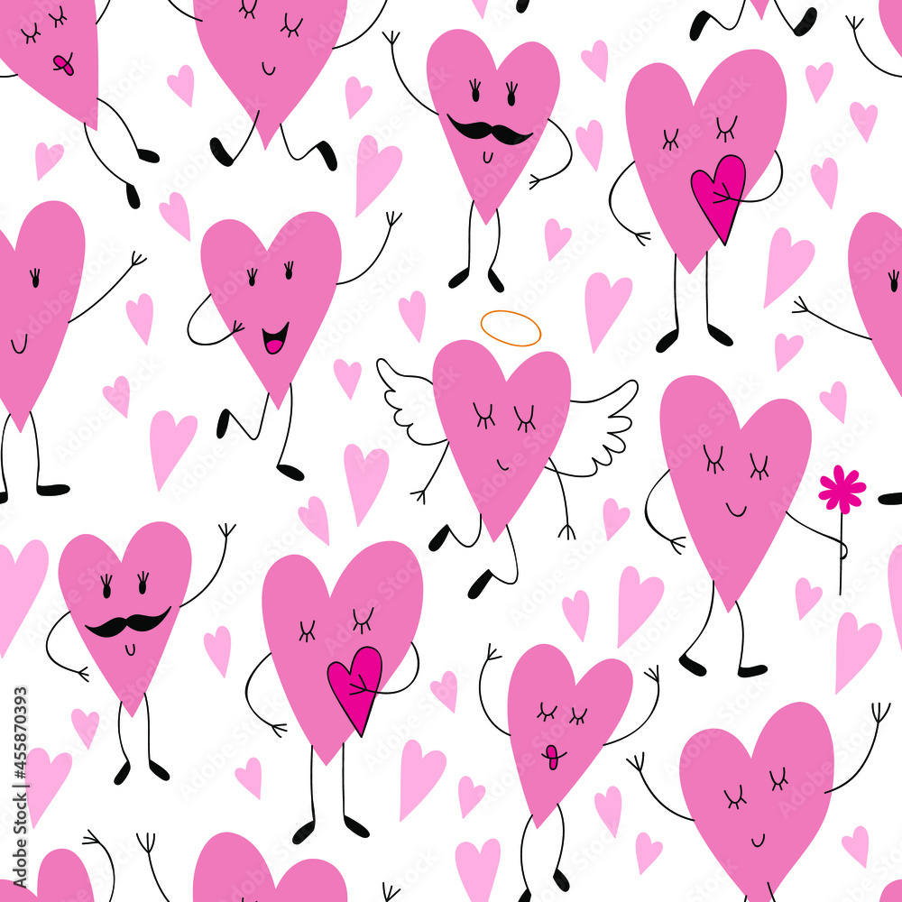 Cute seamless pattern with funny hearts.
