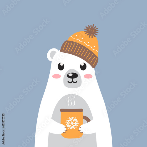 Cute white polar bear in a warm hat with a cup of hot tea on blue background. Modern cartoon  vector illustration.