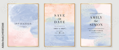Abstract art background vector. Luxury invitation card background with golden line art and Watercolor brush texture. Vector invite design for wedding and vip cover template.