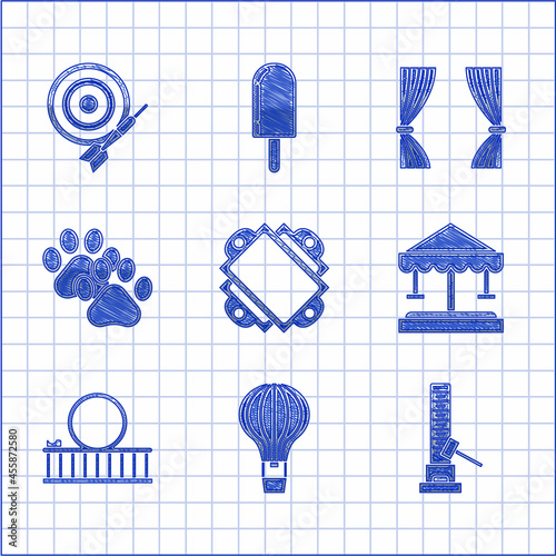 Set Ticket, Hot air balloon, High striker attraction with big hammer, Attraction carousel, Roller coaster, Paw print, Curtain and Classic dart board and arrow icon. Vector