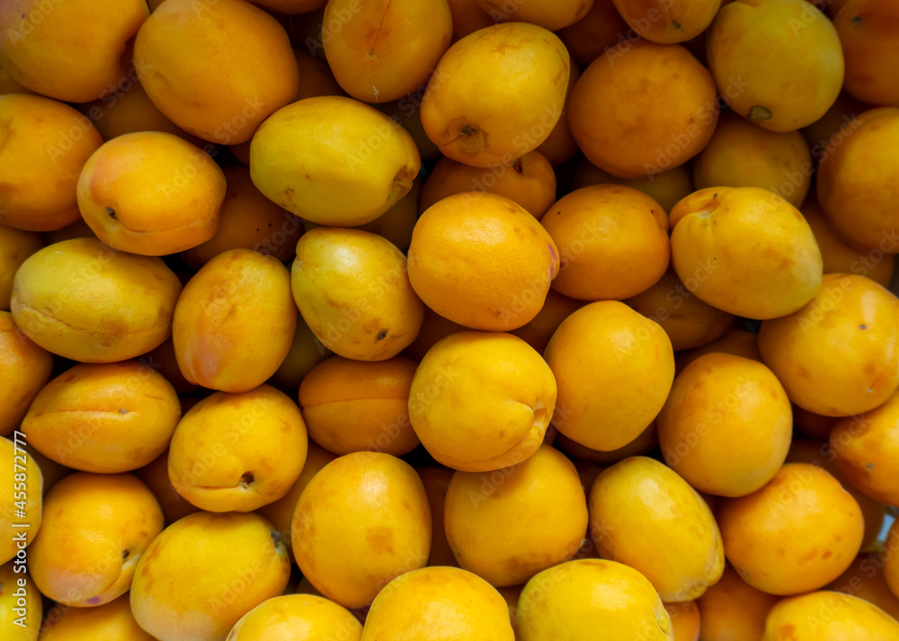 photo of a lot of apricots on the counter of the store