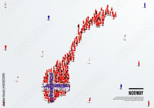Norway Map and Flag. A large group of people in the Norwegian flag color form to create the map. Vector Illustration.