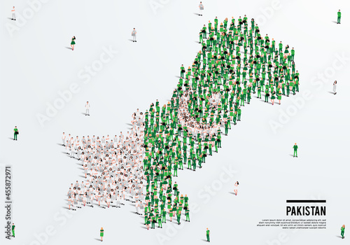 Pakistan Map and Flag. A large group of people in the Pakistani flag color form to create the map. Vector Illustration.