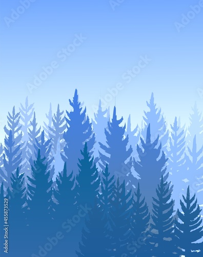 Forest background. Silhouette panorama. Landscape with trees. Conifers. Beautiful view. Foggy scene. Illustration vector