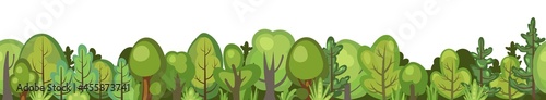 Flat forest. Horizontal seamless composition. Cartoon style. Funny green rural landscape. Level the game. Comic background design. Cute scene with trees. Isolated Vector