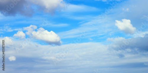Blue sky with white fluffy clouds panoramic background