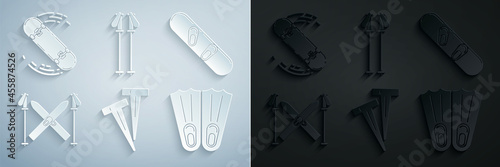 Set Pegs for tents, Snowboard, Ski and sticks, Rubber flippers swimming, poles and Skateboard trick icon. Vector
