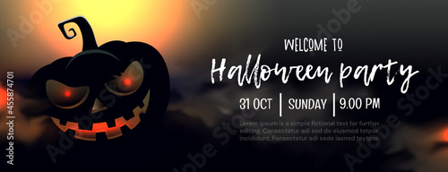 Mystical dark illustration. Halloween party invitation graphic design.Dark silhouette of scary pumpkin character on the background of the moon in the fog. 