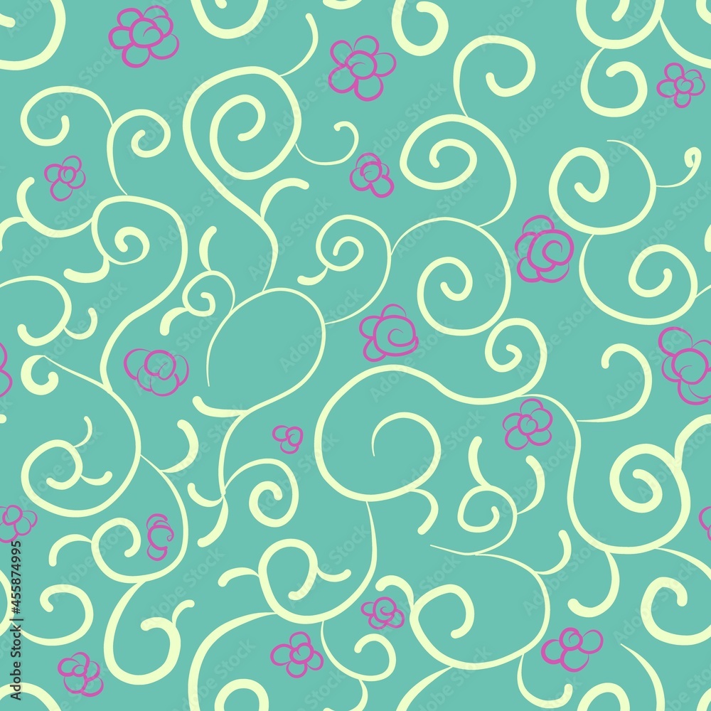 Seamless pattern of abstract lianas with pink flowers on a light green background for textiles.