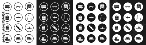 Set School Bus, Plane, Tram and railway, Double decker bus, Scooter, Sedan car, Delivery cargo truck vehicle and Trolleybus icon. Vector