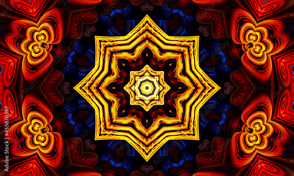 Star kaleidoscope background. Beautiful multicolor kaleidoscope texture. Unique kaleidoscope design, unique shape, wonderful texture, orange abstract pattern