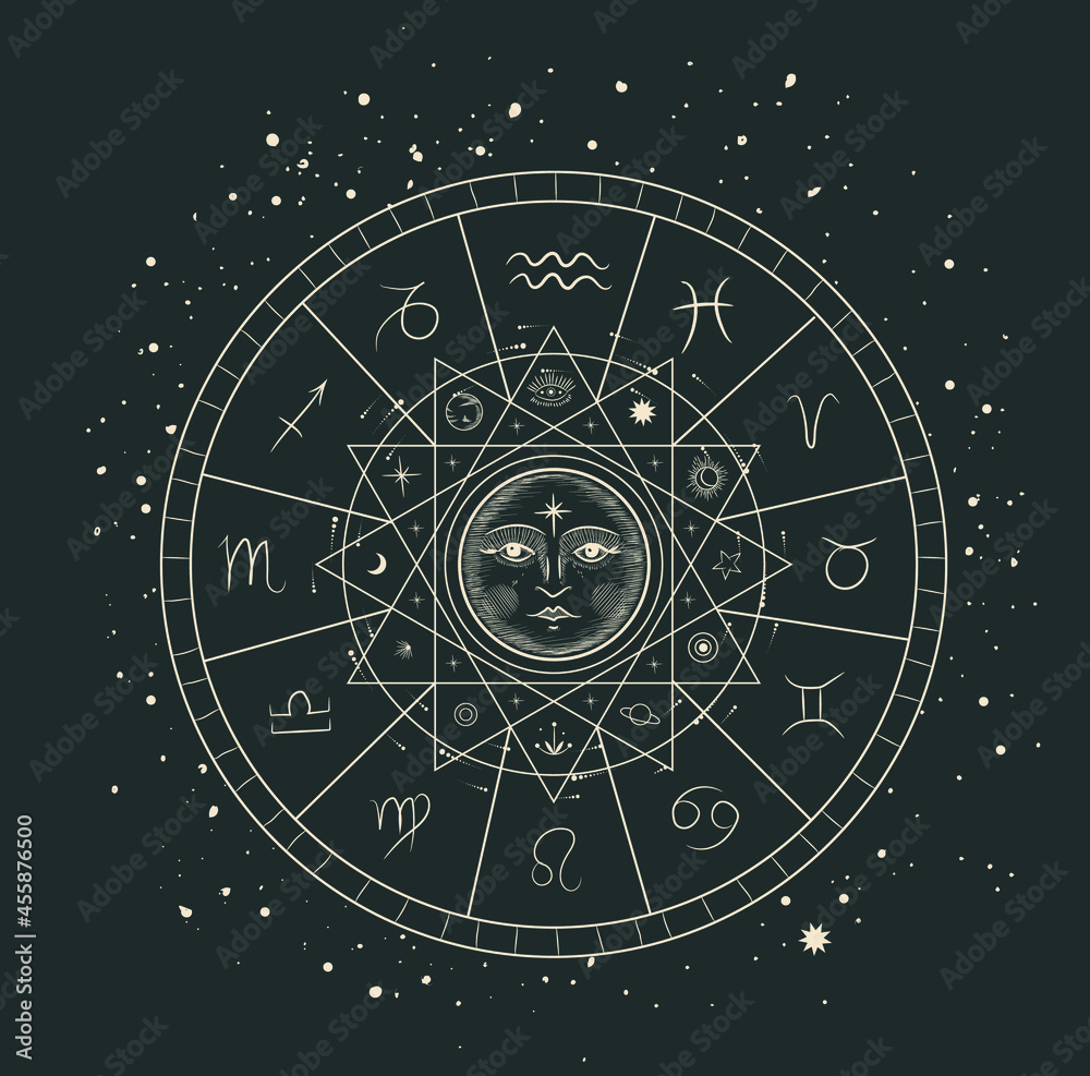 beautiful mystical illustration esotericism astrology yoga vedas cosmos universe on a dark background - obrazy, fototapety, plakaty 