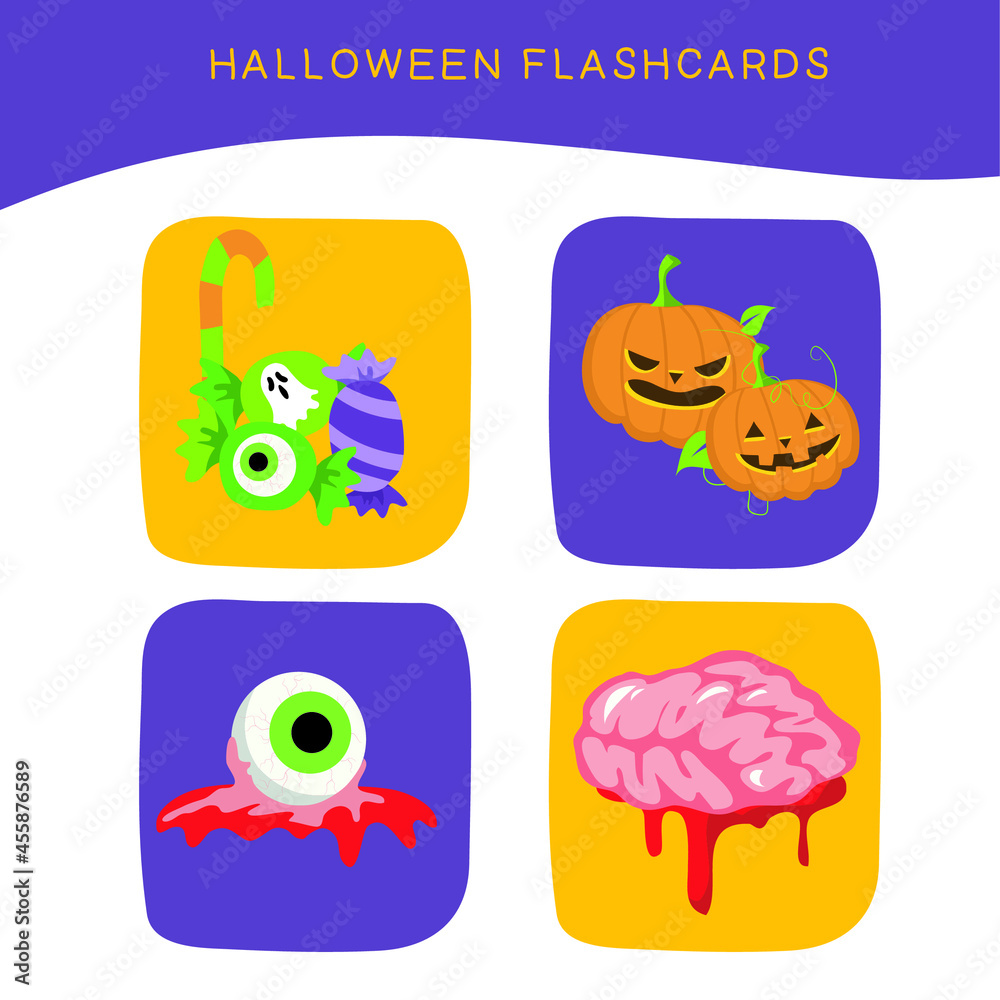 Halloween Flashcards for Children. Cute creepy Halloween flashcards collection. Printable game cards. Vector illustration.