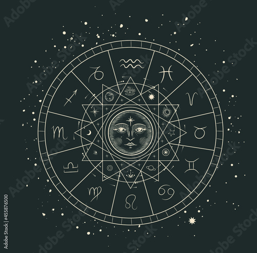 beautiful mystical illustration esotericism astrology yoga vedas cosmos universe on a dark background