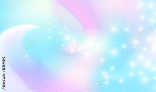Unicorn background with rainbow mesh. Girlie universe banner in princess colors. Pastel clouds and sky with bokeh. Holographic fairy background with magic sparkles, stars and blurs. Vector EPS10.