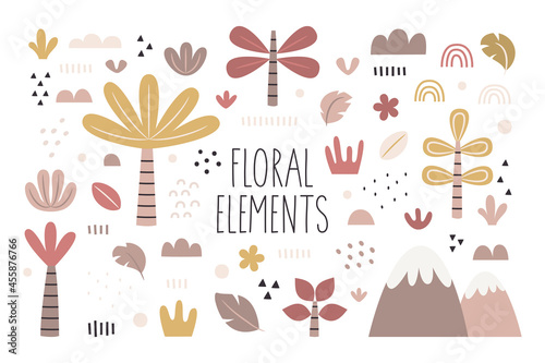Modern floral vector set with plants, leaves, flowers, bushes, graphic elements, shapes, trees, palm trees, stars in trendy boho colors