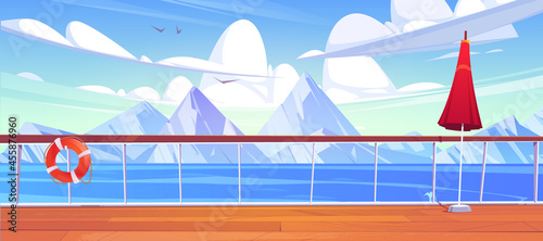 View from cruise ship deck to sea landscape with white mountains on horizon. Vector cartoon illustration of wooden boat deck with railing, umbrella and lifebuoy on background of snow rocks and water
