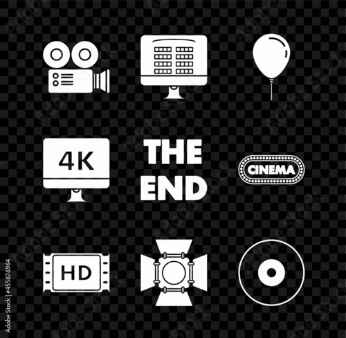 Set Cinema camera, Balloon with ribbon, 4k movie, tape, frame, Movie spotlight, CD or DVD disk, Computer PC monitor video technology and The End handwritten inscription icon. Vector
