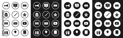 Set Online play video, Knife, Popcorn cardboard box, Megaphone, Hollywood walk of fame star celebrity boulevard, Computer PC monitor with HD technology, Play and Buy cinema ticket online icon. Vector