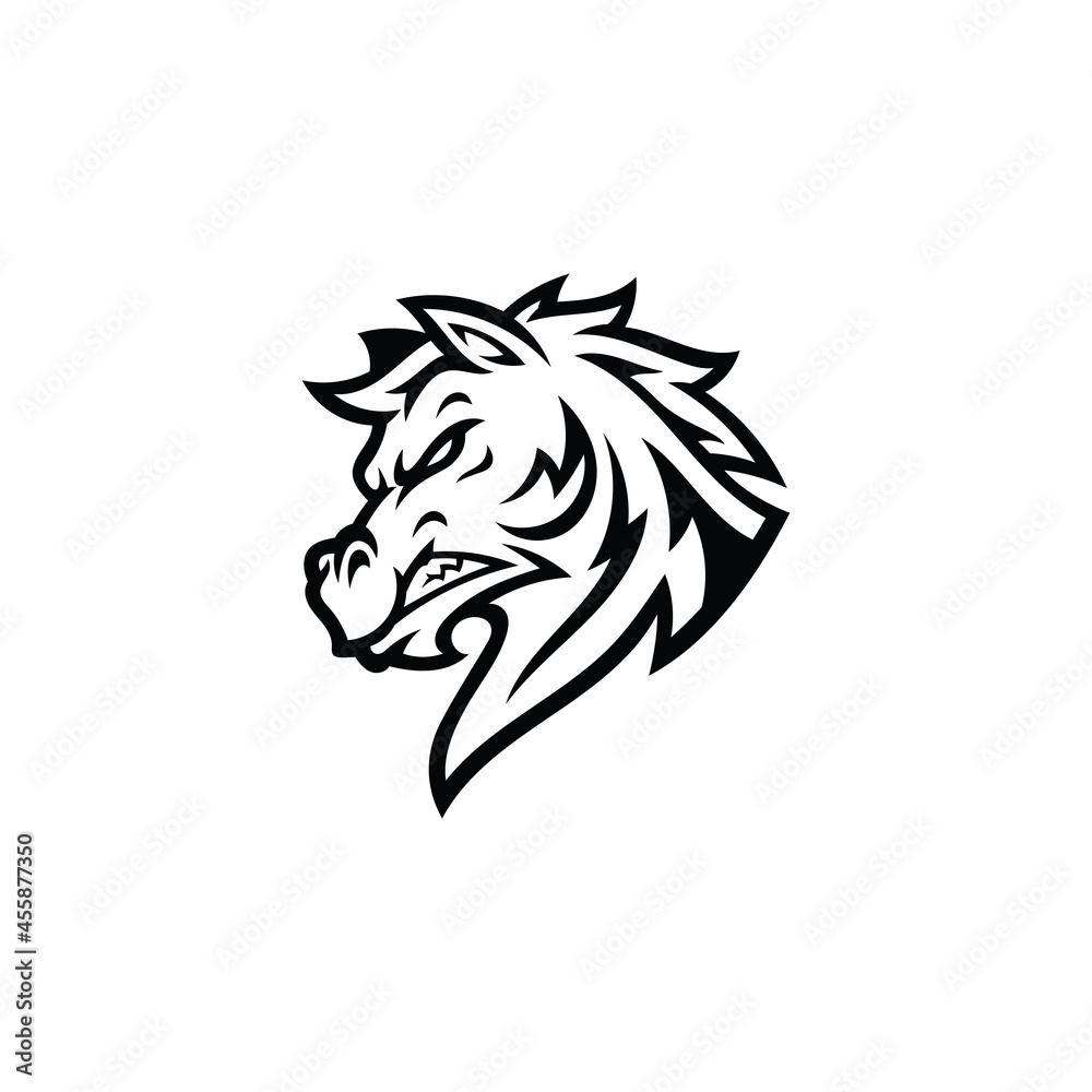 Horse Stallion Mustang Head Cartoon Mascot illustration Logo in Black and White Color