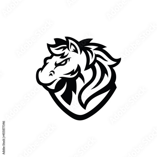 Horse Stallion Mustang Head Cartoon Mascot illustration Logo in Black and White Color