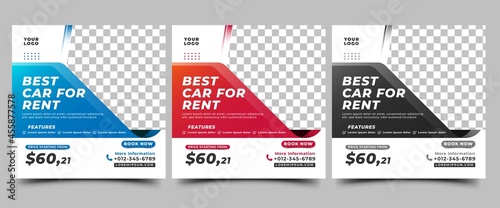 Set of Social media post template for car rental or transportation services. Modern banner design with blue, red, and black color backgrounds. Promotional banners with a place for the photo.