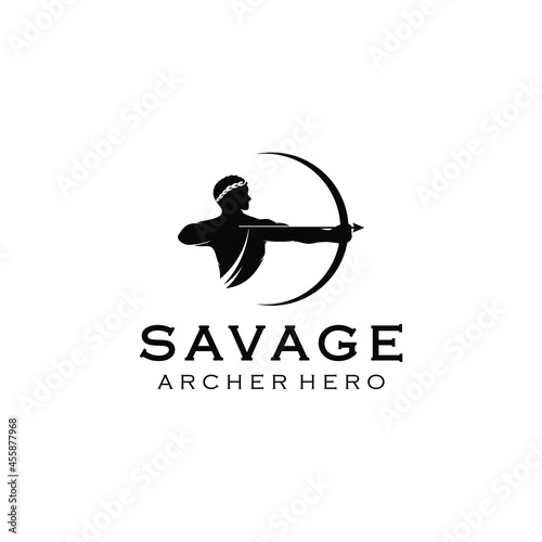 Greek Archer Warrior with Longbow Arrow Silhouette Vector Logo Design