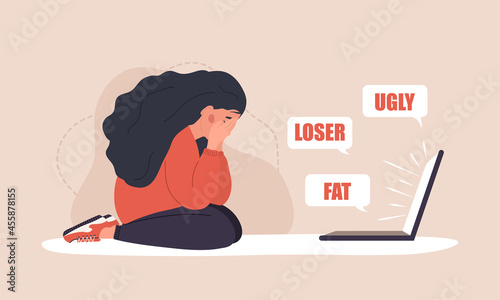 Cyber bullying. Sad woman with laptop receiving pop up messages. Online abuse concept. Teenager sitting on the floor and crying. Vector illustration in flat cartoon style.
