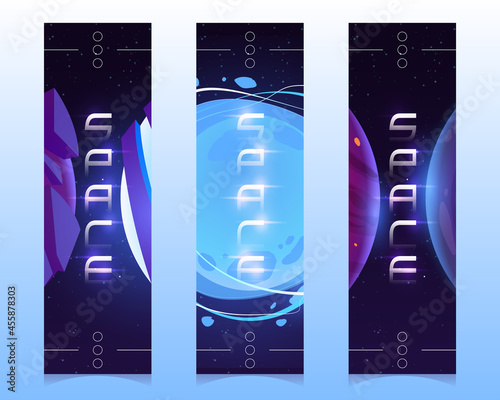 Space bookmarks with alien planets on galaxy background. Vector vertical banners with cartoon illustration of dark sky with stars, moon and planets in cosmos