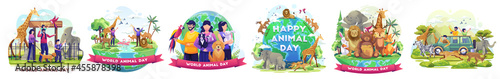 Set of Animal Day concept illustration. People Celebrate World Animal Day. Animals on the planet  Wildlife Day with the animals. flat vector illustration.