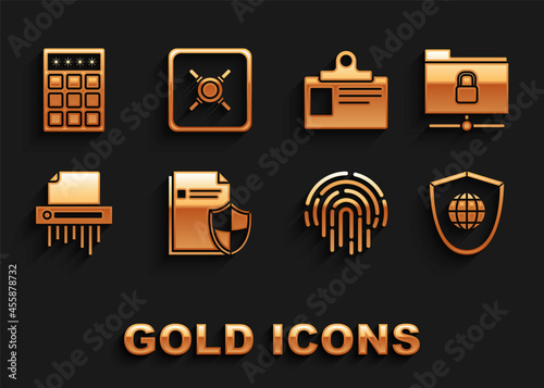 Set Document protection concept, FTP folder and lock, Shield with world globe, Fingerprint, Paper shredder confidential, Identification badge, Password safety access and Safe icon. Vector
