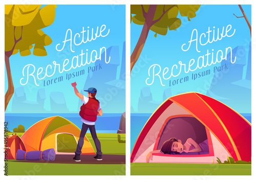 Active recreation cartoon posters, tourists at camping tents enjoying summer time vacation, travelers on nature landscape with trees and sea scenery view, hiking or travel activity Vector illustration
