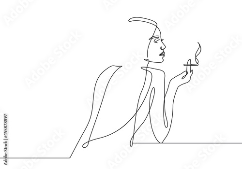 Woman Smoking Line Art Drawing. Girl Smoking Abstract Linear Silhouette on White Background. Woman Modern Line Drawing for Glamour Logo Minimal Style, Label Design. Vector EPS 10