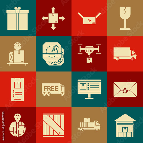 Set Warehouse, Envelope, Delivery cargo truck vehicle, Cardboard box with traffic symbol, Pizza in cardboard, Scale, Gift and drone the package icon. Vector