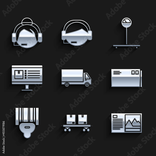 Set Delivery cargo truck vehicle, Railway carriage, Postcard, Envelope, Scanner scanning bar code, Computer monitor with app delivery tracking, Scale and Support operator touch icon. Vector