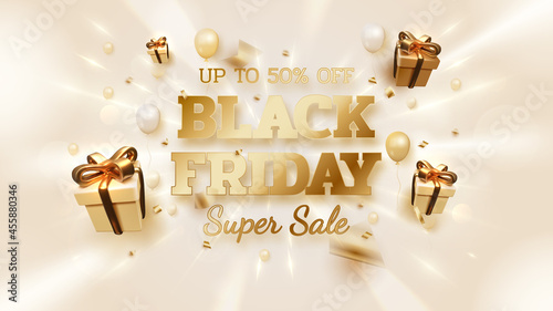 Black friday sale banner background with realistic gift box and balloons with ribbon gold luxury on light line neon. 3d realistic vector illustration.