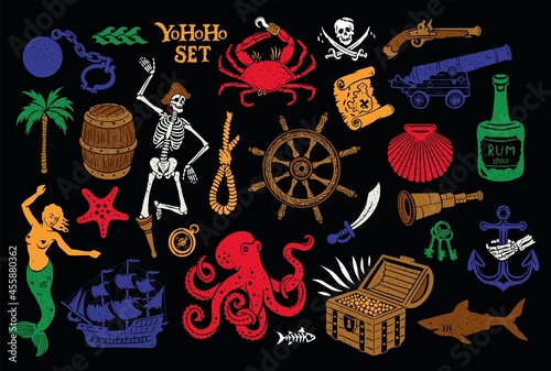 Pirate Logos Collection For T-shirt and Denim. Skeleton Dancer, Mermaid, Octopus, Treasure, Cannon, Ship, Crab, Jolly Roger. Vector Illustration.