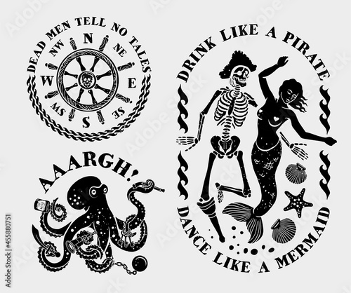 Pirate Logos Collection For T-shirt and Denim. Vector Illustration.