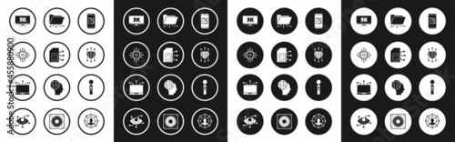 Set Mobile and graphic password protection, Sim card, Processor, Monitor display with 5k video, Folder lock, Gamepad and Laptop icon. Vector