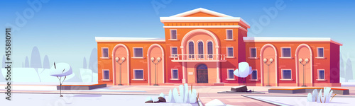 Building exterior of university, college, high school or public library and snow on lawn. Vector cartoon illustration of winter landscape with government, museum, court or academy campus building