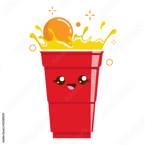 Beer Pong cup Mascot. Plastic cup and ball with splashing beer. Traditional party drinking game. Vector