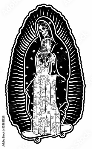 Virgin of Guadalupe on a skateboard. The Virgin Skeleton Mary Vector Poster Illustration.