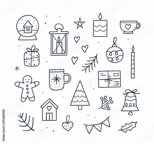 Cute Cozy Christmas set - mug, candles, tree, gift, gingerbread man, snow globe, small home, bell. Hand drawn outline vector illustration. Doodle sketch style.