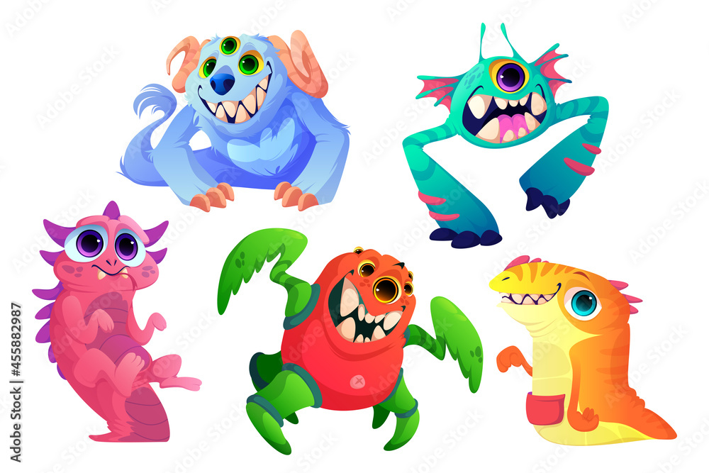 Cute monsters set, cartoon funny characters, aliens, strange animals or Halloween creatures with toothed smiling muzzles, horns, fur and many eyes. Spooky baby mascot personages, Vector illustration Cute monsters set, cartoon funny characters, aliens, strange animals or Halloween creatures with toothed smiling muzzles, horns, fur and many eyes. Spooky baby mascot personages, Vector illustration