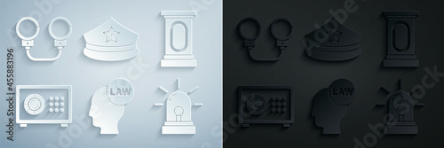 Set Head with law, Stage stand or debate podium rostrum, Safe, Flasher siren, Police cap cockade and Handcuffs icon. Vector